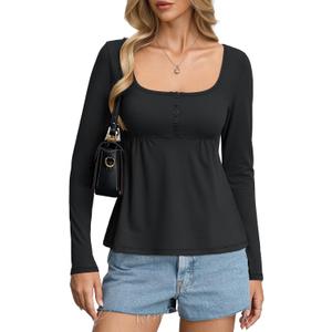 EasyGala Womens Babydoll Long Sleeve Peplum Tops Sexy Y2k Square Neck Henley Shirts Cute Going Out Top Winter 2026 (Black, L)
