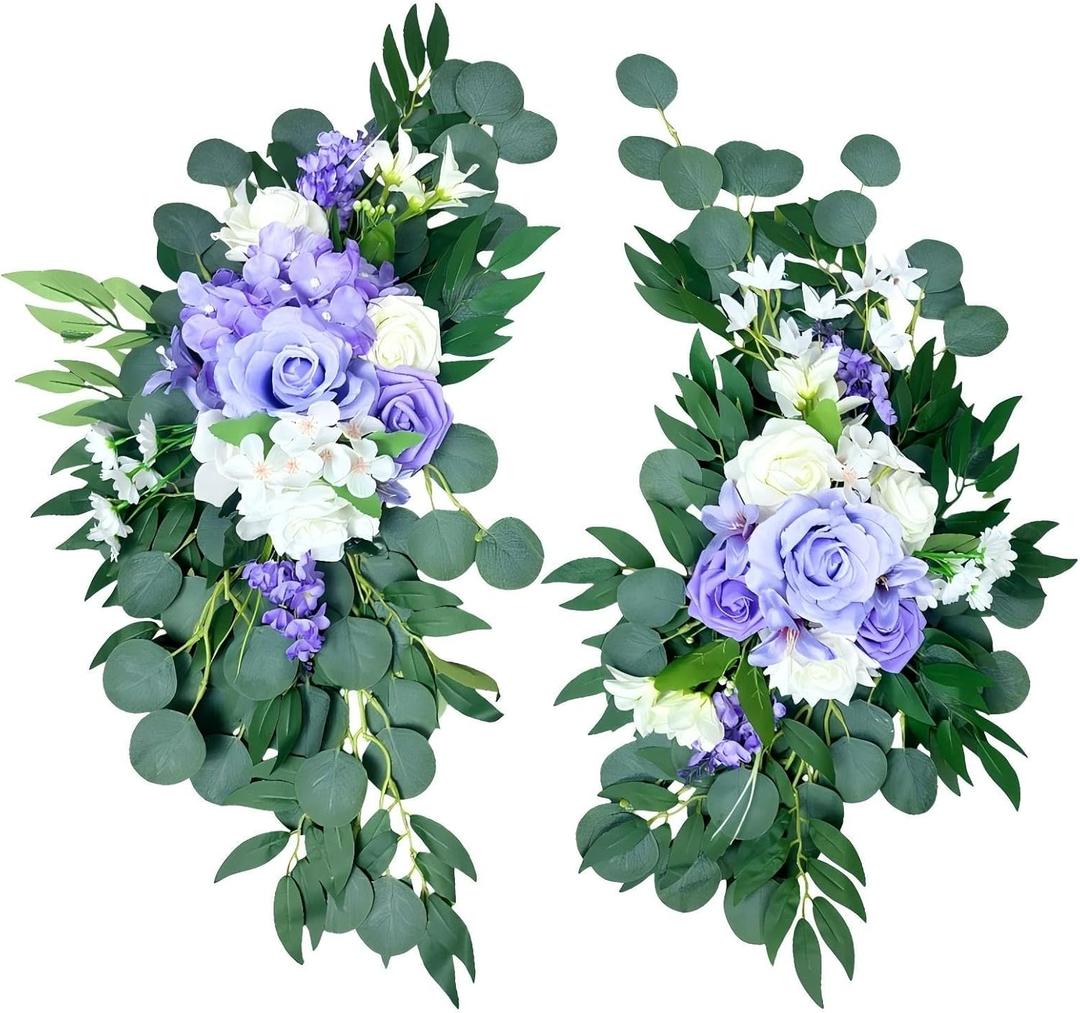 Petalivebioom Artificial Wedding Arch Flowers (Pack of 2), White Wedding Flowers for Wedding Welcome Ceremony Sign, Faux Floral Swags, Banquet and Reception Backdrop Floral Decoration (White & Purple)