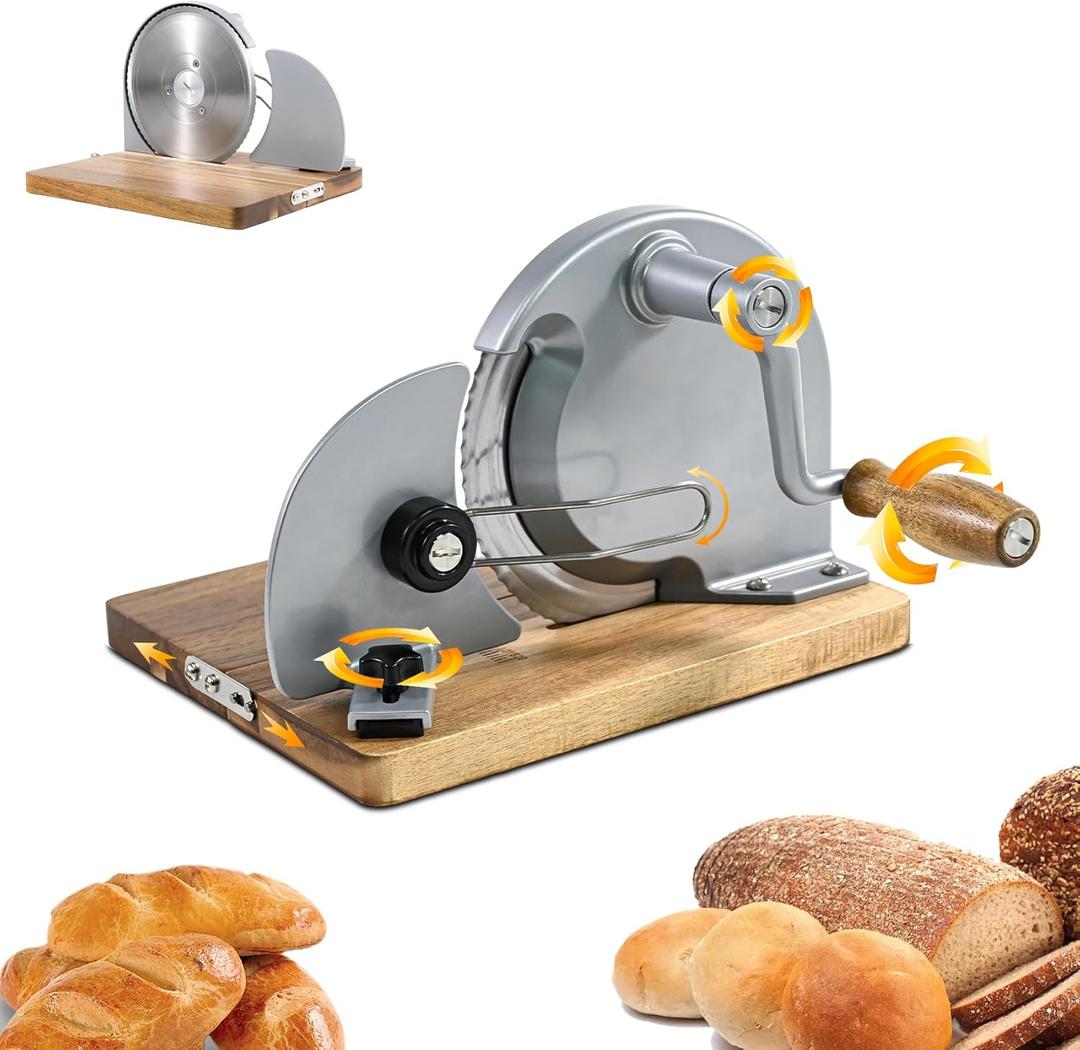 Manual Bread Slicer,Multi-Functional Foldable Hand-Cranked Bread Slicer with Steel Guard Plate and Non-Slip Base Pad Features Adjustable Thickness with Scale Lines for Even slicing Homemade(Gray)