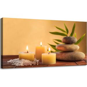 SLYCAY Large Zen Stone Canvas Wall Art Prints, Burning Candles Relaxing Meditation Yellow Painting Women Spa Picture Yoga Room Wall Decor Bathroom Office Living Room Artwork 20"X40"