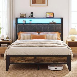 OLEVS Full Bed Frame with Headboard, Metal Platform Bed Full Size with 2-Tier Storage, LED Light & Charging Station Type C, No Box Spring Needed