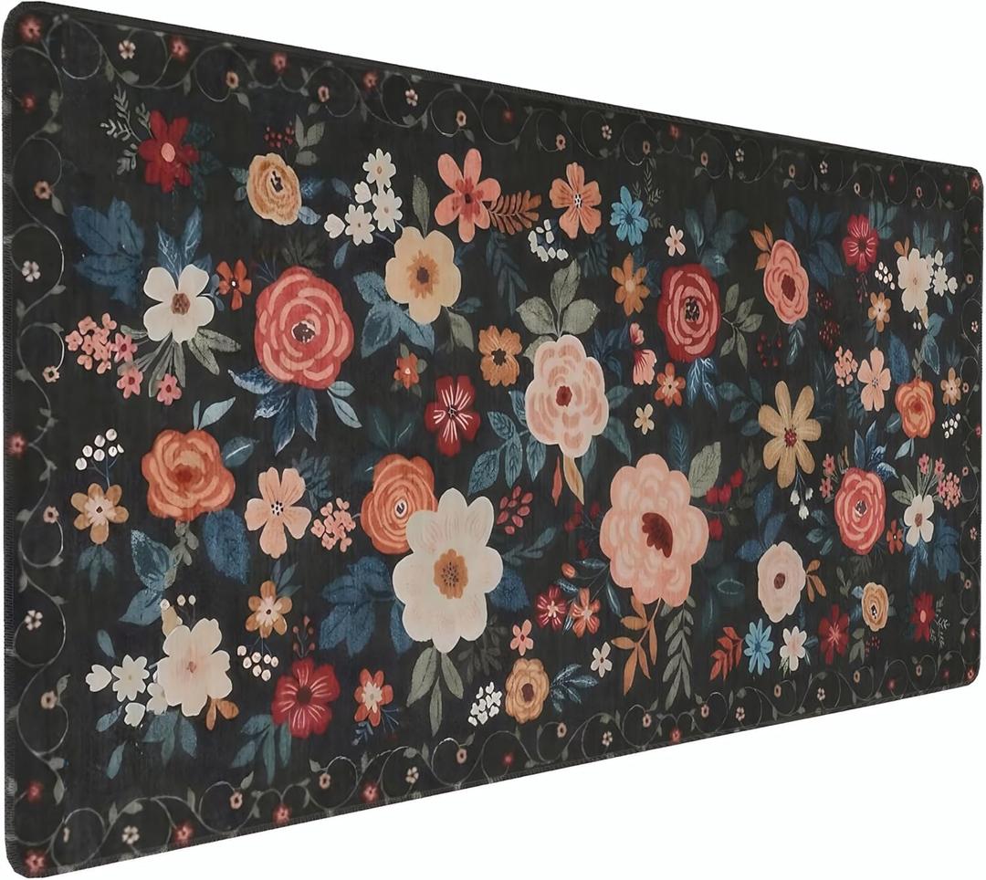Floral XXL Large Mouse Pad with Stitched Edges, Anti-Slip Desk Mat for Keyboard and Mouse - Colorful Flower Pattern Office Decor, Home Computer Desk Pad Mat for Women, Ideal Desk Accessory (Black)