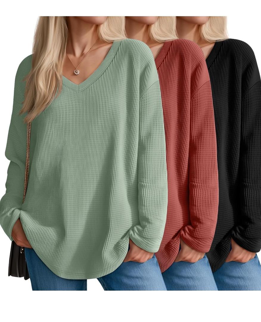 3 Pack Women's Oversized Waffle Knit Shirts, V Neck Long Sleeve Top Fall Casual Sweatshirt for Women (Black, Watermelon Red, Gray Green, X-Large)