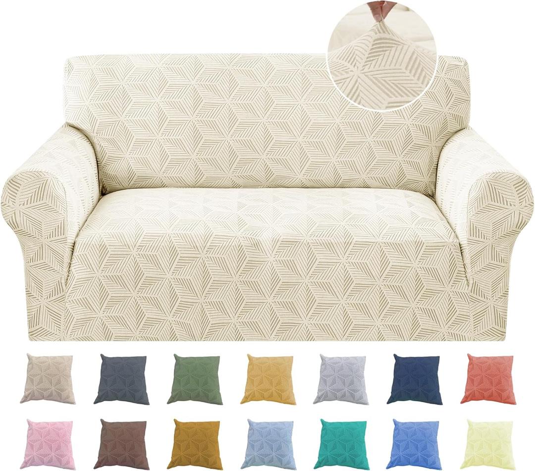 YEMYHOM 1 Piece Stretch Couch Covers for 2 Cushion Couch, Jacquard Loveseat Cover with Non-Slip Elastic Bottom, Thickened Slipcover Furniture Protector for Dogs Pets (Medium, Beige
