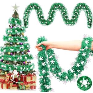 49.2 ft Christmas Tinsel Garland Metallic Garland Light Glittering Decoration for Valentine Birthday Wedding Party Holiday Festivities Indoor Outdoor Home Supplies(Green, Snowflake)