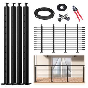 Muzata 15-20FT Modular Black Cable Railing Kit 42 Inch 4 Level Post Kit Complete Set Cable Railing System for Decks Length Adjustable Easy DIY with Paper User Guide (No Handrail) RWS1 BH4L