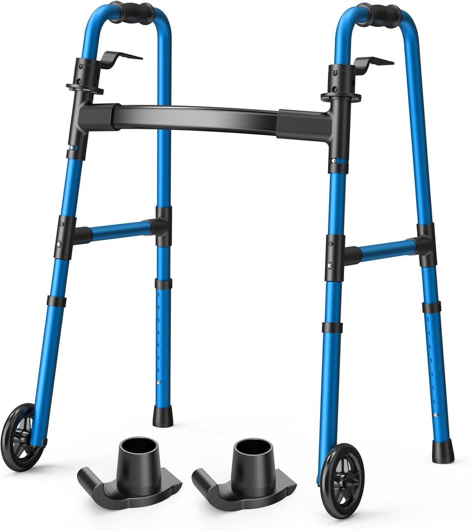 Loyoda Folding Walker with 2 Skis and 5" Wheels, Lightweight Walkers for Seniors and Adults, Supports Up to 350 Pounds, Adjustable Height, Compact Standard Walker, Blue