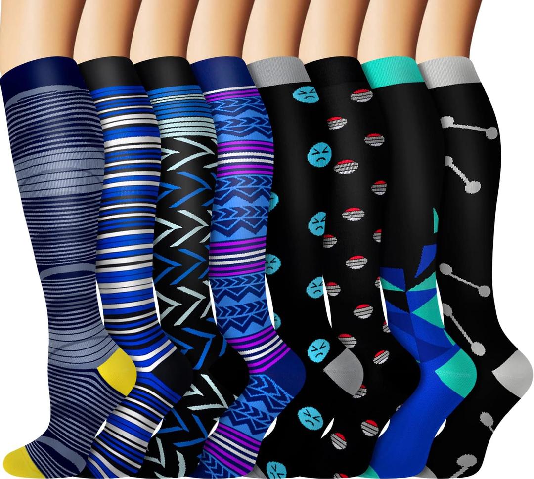 Graduated Copper Compression Socks for Men & Women Circulation 8 Pairs 15-20mmHg - Best for Running Athletic Cycling (Large-X-Large, 14 Grey/Blue/Multi/Multi/Blue/Gray/Black/Black)