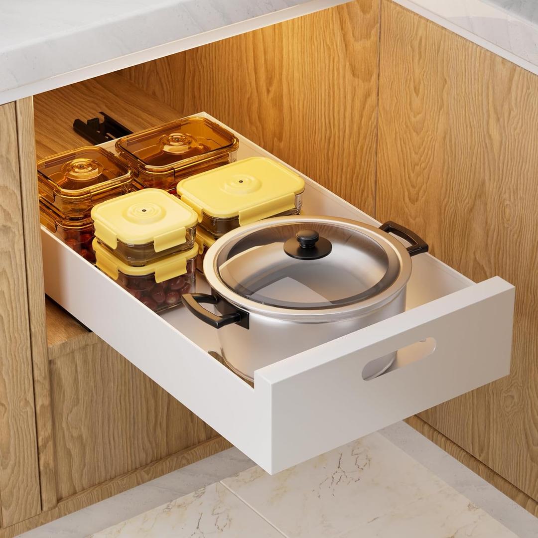 HBL' 2 Pack | 16.9" Deep Pull Out Cabinet Organizer Adhesive, 12-Inch Wide Sturdy Carbon Steel Roll-Out Drawers for Face Frame or Frameless Cabinets, Slide-Out Shelves for Pantry. (White)