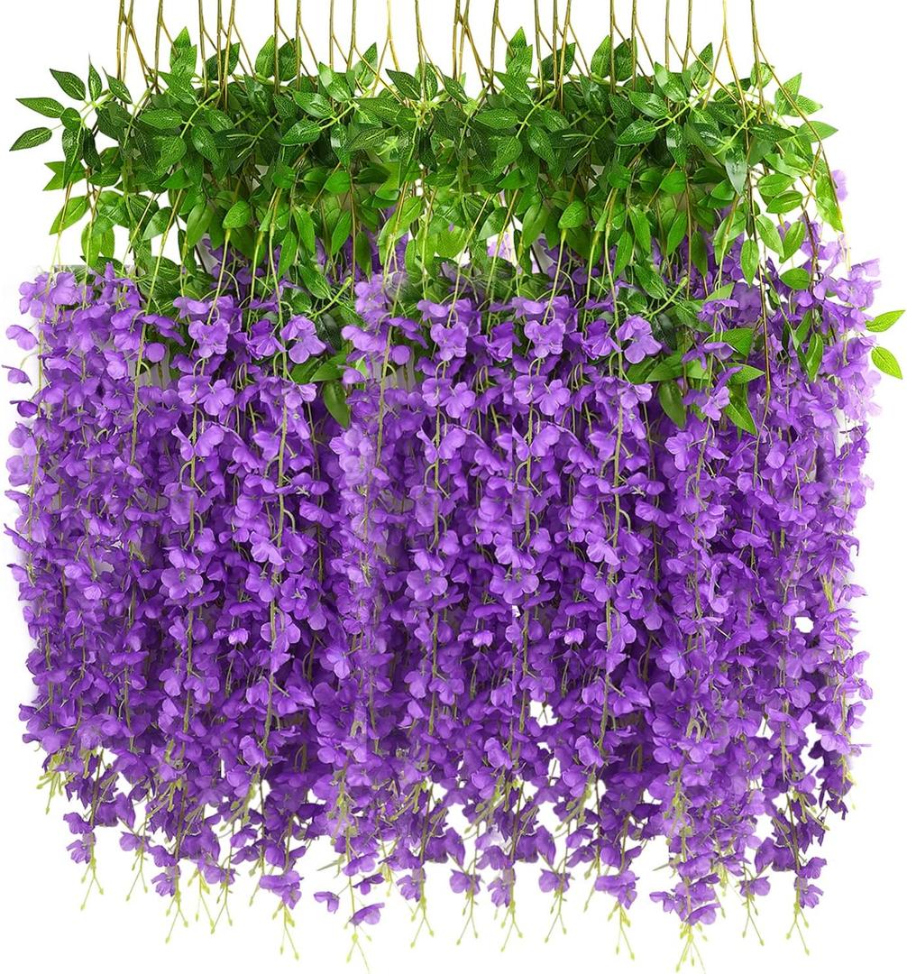 CCINEE 12 Pack Wisteria Flower Vines Garland 3.75 Feet Fake Hanging Flower Artificial Wisteria Vines Rattan Silk Wisteria Vine for Wedding Party Garden Greenery Home Wall DecorationPurple