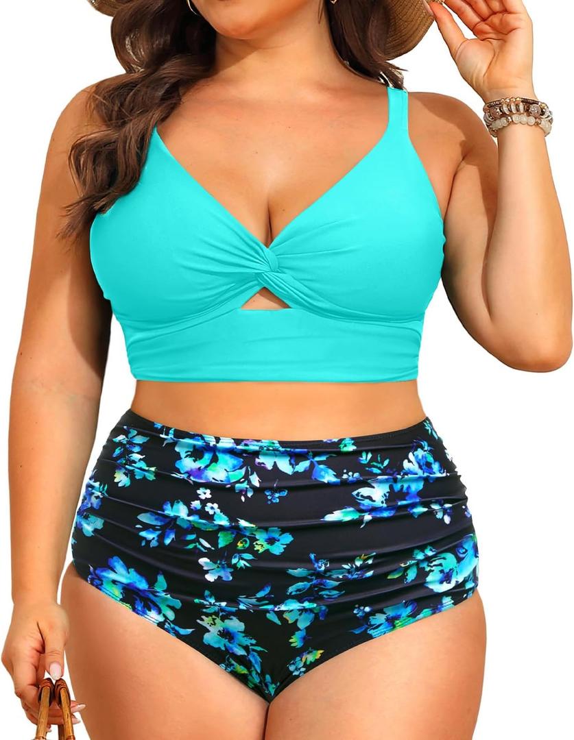 Daci Plus Size Two Piece Swimsuits - Women High Waisted Bikini Tummy Control Bathing Suits Knot Twist Swimwear 2025 20W