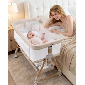Baby Bassinet Bedside Crib, 3-in-1 Baby Bassinet Bedside Sleeper，Rocking Bedside Bassinet with Wheels, Adjustable Easy Folding Portable Bed for Infant Newborn (Beige)