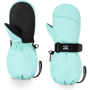 HIGHCAMP Kids Long Cuff Winter Gloves with Stay-on Strap Waterproof Mittens for Toddler Children Snow Ski (Aqua Green)