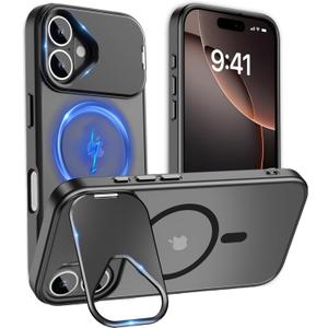 Cufelf Magnetic for iPhone 16 Plus Case(Compatible with Magsafe)(Built-in Invisible Kickstand) Military Drop Protection,Anti-Fingerprint,Anti-Scratch,Matte Translucent Phone Cover,6.7",Black