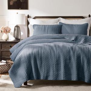 WDCOZY Blue Cross Stitch Queen Size Quilt Set, Striped Lightweight Soft Bedspread, Channel Farmhouse Rustic Coverlet, All Season Country Bedding, Thin Comforter (Queen(90"x90"))