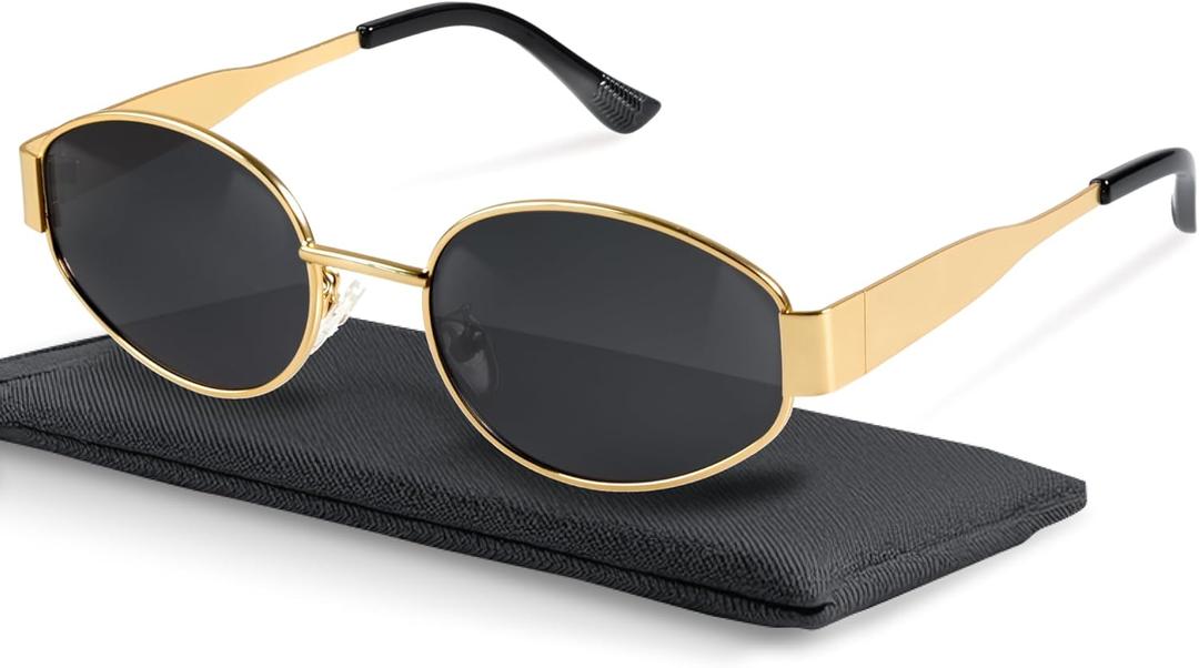livho Retro Polarized Sunglasses - UV400 Protection, Oval Shape, Metal Frames - Matching Soft Case Inlcuded (Grey/Gold)