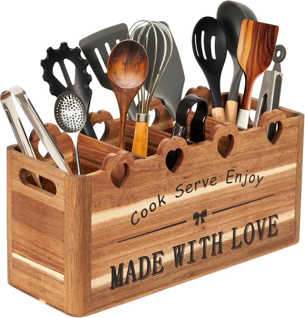Kitchen Utensil Holder, Large Acacia Wood Organizer for Countertop | Extra Large Farmhouse Style with 4 Compartments, Rustic Wooden Storage for Cooking Tools & Cutlery
