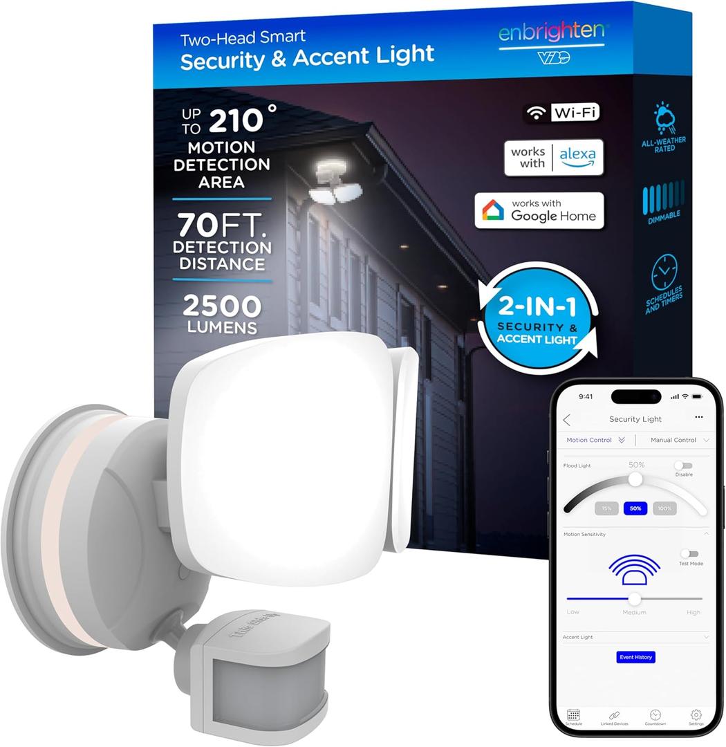 Enbrighten Vibe Smart LED Security Light, Motion Activated, Dual Head, ETL Listed, UV Resistant, 2500 Lumens, 4000K, Works with Alexa, Google Home, White, 58242