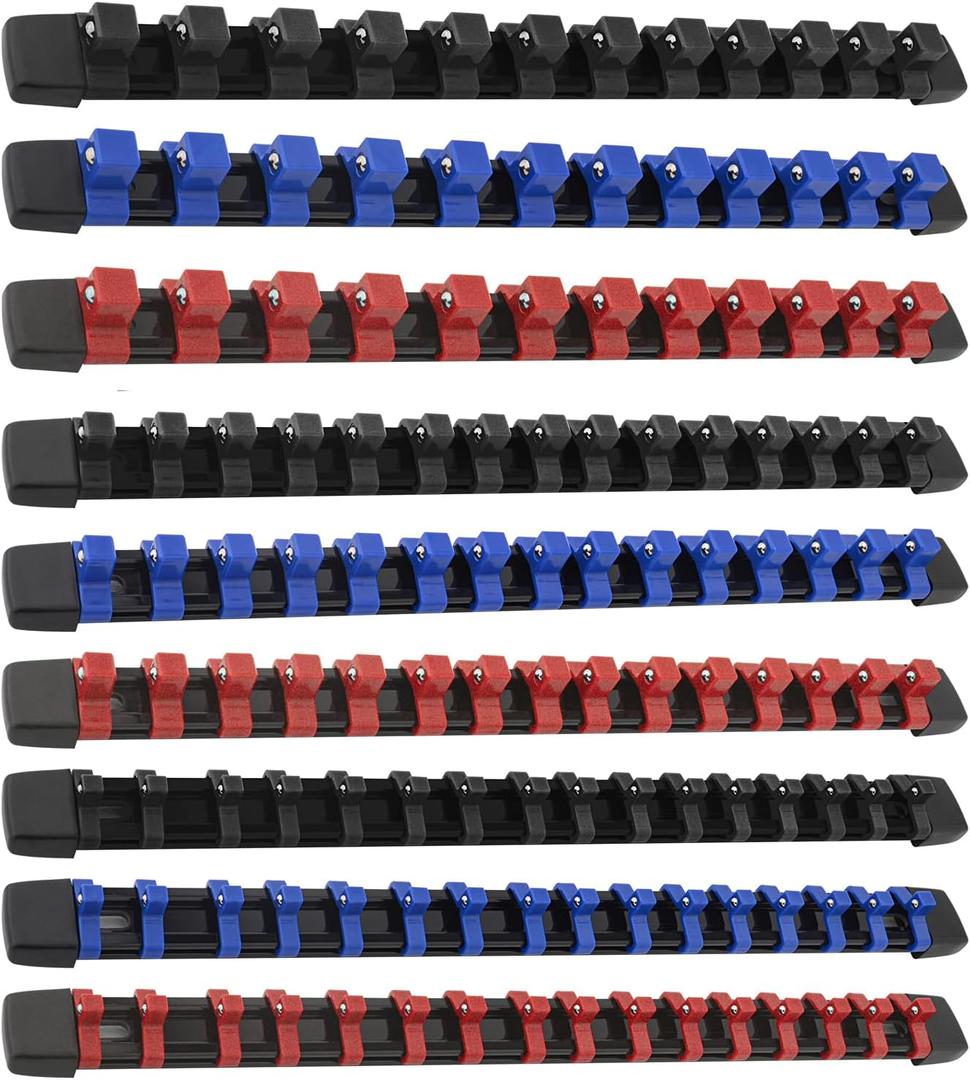 Socket Organizer Set, Metric SAE Socket Holders with Spring Ball Bearings Fits 1/4", 3/8", 1/2" Drive Sockets, Secure Holding Portable Socket Retention Home Workshop Tool Storage Organizer, 9 PCS