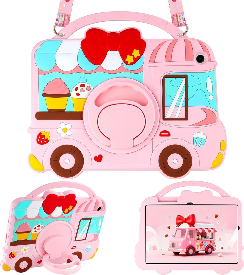 VOFUOE for Samsung Galaxy Tab A11 Plus Case 2025, Galaxy Tab A9 Plus Case 2023 11 Inch for Kids Girls Dessert House Design with Shoulder Straps 360 Rotating Stand Soft Silicone Tablet Cover- Pink