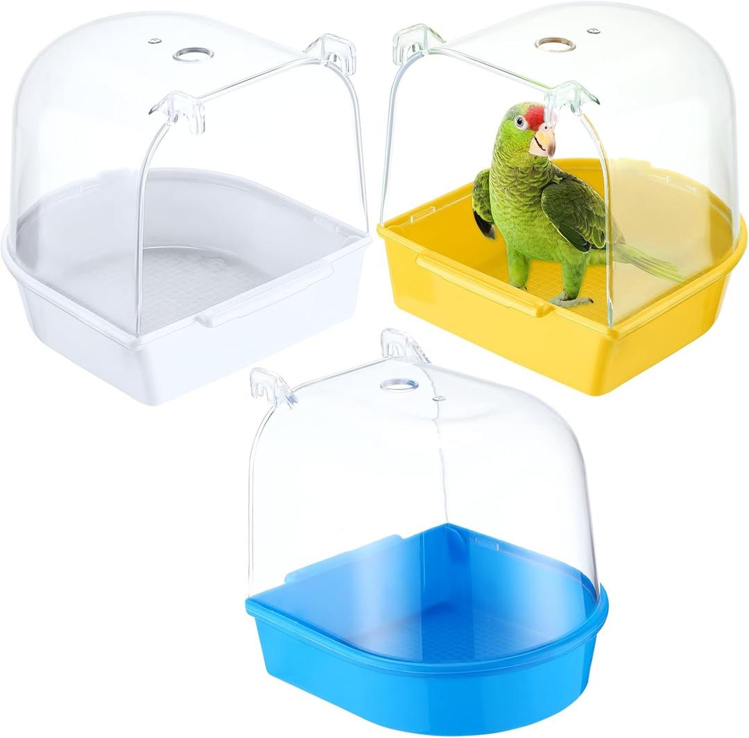 Honeydak 3 Pieces Clear Bird Bath for Cage Parakeet Bird Cage Accessories Hanging Bath Box Parrot Bathing Tub with View for Cockatiel Conure Canary Budgies Parrots(Vivid Color)
