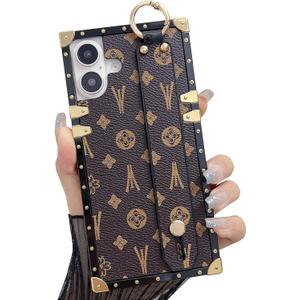 Compatible with iPhone 16 Case Luxury Designer for Women Girls,Rectangle Leather with Wristband Strap Kickstand Holder Protective Phone Cover for iPhone 16-6.1 inch (Brown)