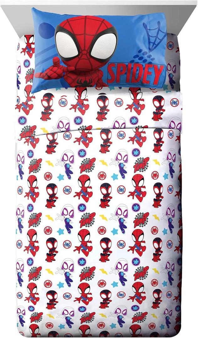 Jay Franco Kids Sheet Set with Fitted, Flat Sheets & Pillow Cover - Ultra-Soft Bedding with Pillowcase for Room Decor, White - Spidey & Friends, 3 Piece Twin