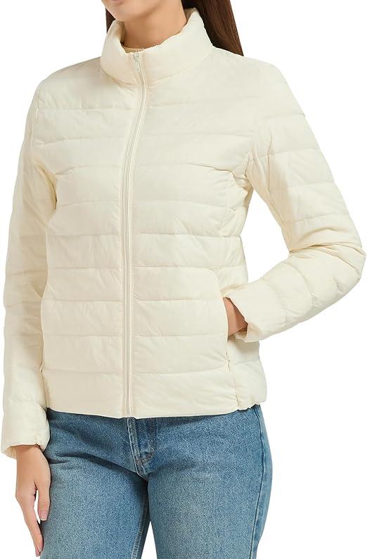 Women's Quilted Lightwight Puffer Jacket, Down Jacket Coats with Pockets, Portable Winter Coat with Storage Bag, Apricot, No Size
