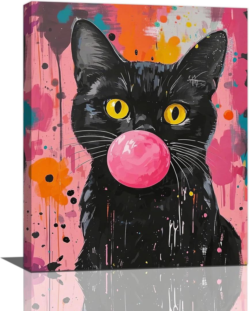 Funny Black Cat Pink Banksy Graffiti Wall Art Cute Cat Pictures Canvas Wall Decor kitten Painting Artwork Decoration Framed Gifts for Lover Women Girl Bathroom Bedroom Living Room Office 16"x20"