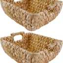 Medium Rectangular Handwoven Wicker Basket - Water Hyacinth Storage Baskets with 2 Polished Wooden Handles for Store Hand Towel, Fruits & Veggies etc 10.75"x15.25"x5" - Pack of 2 - Natural