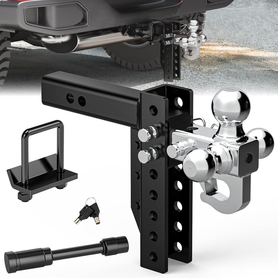 Adjustable Trailer Hitch Ball Mount with Hook, Tri-Ball (1-7/8" x 2" x 2-5/16") Drop Hitch,8 Inch Drop Hitch, Fits 2.5-Inch Receiver,Anti-Theft Pins Locks,Tow Hitch for Heavy Duty Truck