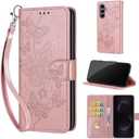Designed for Samsung Galaxy S25 FE 5G Case Wallet,Women Flip Folio Cover with Embossed PU Leather Stand Credit Card Holders Slots Wrist Strap Phone Case for Samsung S25 FE (Rose Gold Butterfly)