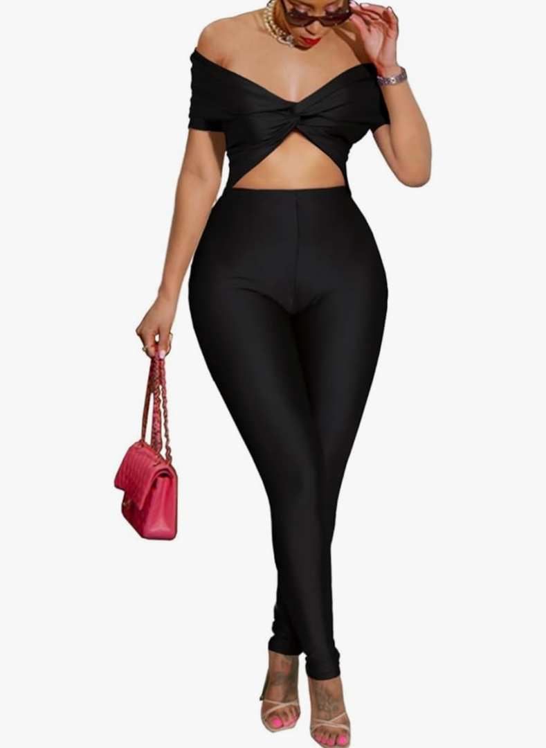 Atyfuniby One Piece Jumpsuits for Women - Sexy Off The Shoulder Twist Front High Waisted Bodycon Rompers Club Night Outfits, S