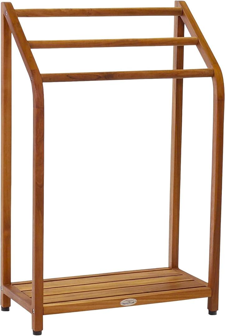 AquaTeak The Original 34" Sula Teak Free Standing Towel Rack - 3 Tier Hand Towel Holder with Storage Shelf for Bathroom - Durable Water Resistant Shower Organizer & Drying Rack, Non-Slip Rubber Feet
