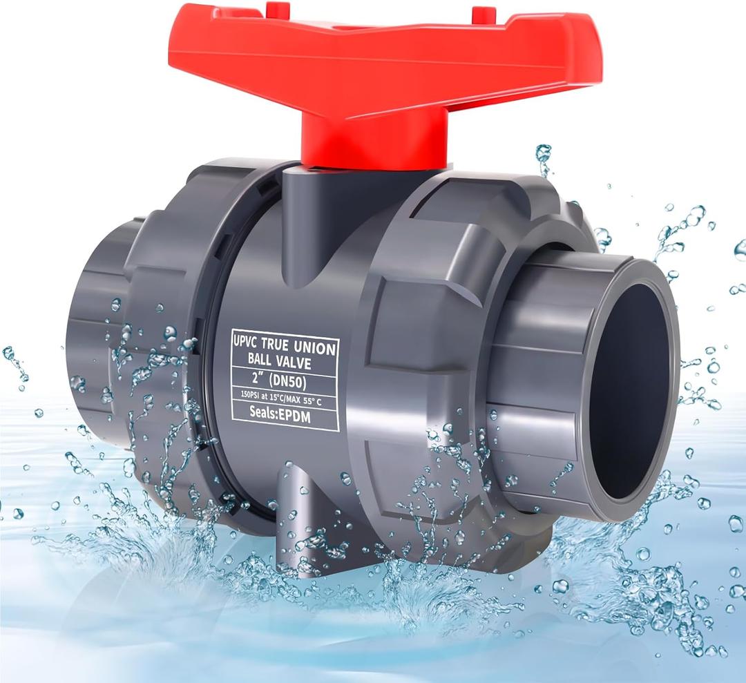 2" UPVC Full Flow Ball Valve Double True Union with Full Port Socket Slip Ball Valve Water Shut-Off Valve, EPDM o-Rings, And Reversible PTFE Seats for Swimming Pool, Irrigation (1, 2")