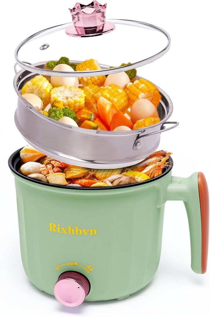 Hot Pot Electric with Steamer, Rapid Noodles Cooker,Non-Stick Electric Pot for Raman, Soup, Noodles, Steak, Oatmeal, Rapid, with Temperature control, (Rotary switch), 1.8L,Green