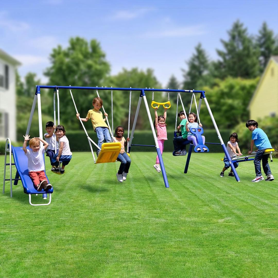 Sportspower Super 9 Metal Swing Set for Outdoor Backyard Play: Teeter Totter, Glide Ride, Roman Glider, Standing Swing, Trapeze, 5ft Slide, Anchor Kit, 7.5' D  17.1' W  6.1' H