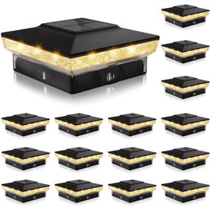 VOLISUN Solar Post Cap Lights, 4x4 Solar Deck Post Lights Outdoor, IP64 Waterproof Deck Post Lights Solar Powered (16 Pack Black)