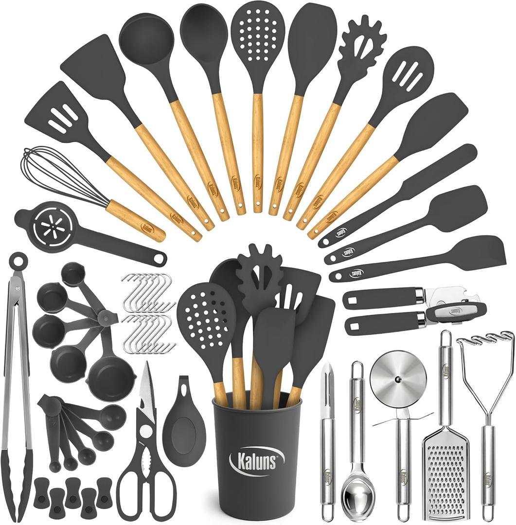 Kaluns 50 PCS Silicone Kitchen Utensils Set Complete Kitchen Set - 800F Heat Resistant Non-Stick Premium Cooking Utensils W Wooden Handles - Can Opener, Masher, Turner, Silicone Spatula Set (Gray)