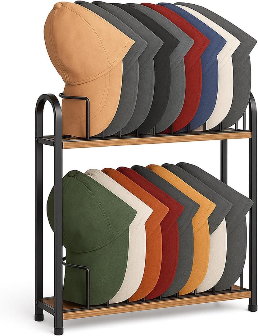 SWTYMIKI Hat Stand for Baseball Caps - 2 Tier Wood & Metal Removable Tabletop Hat Organizer Storage Display Rack, Holds up to 20 Caps for Desk, Closet Shelf, Dresser (Black)
