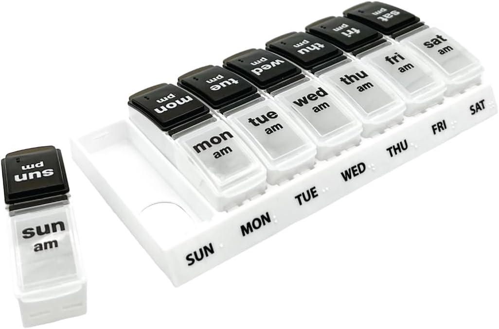 EZY DOSE Weekly (7-Day) AM/PM Pill Case, Medicine Planner, Vitamin Organizer, Large Pop-Out Compartments, 2 Times a Day, Black and White Lids