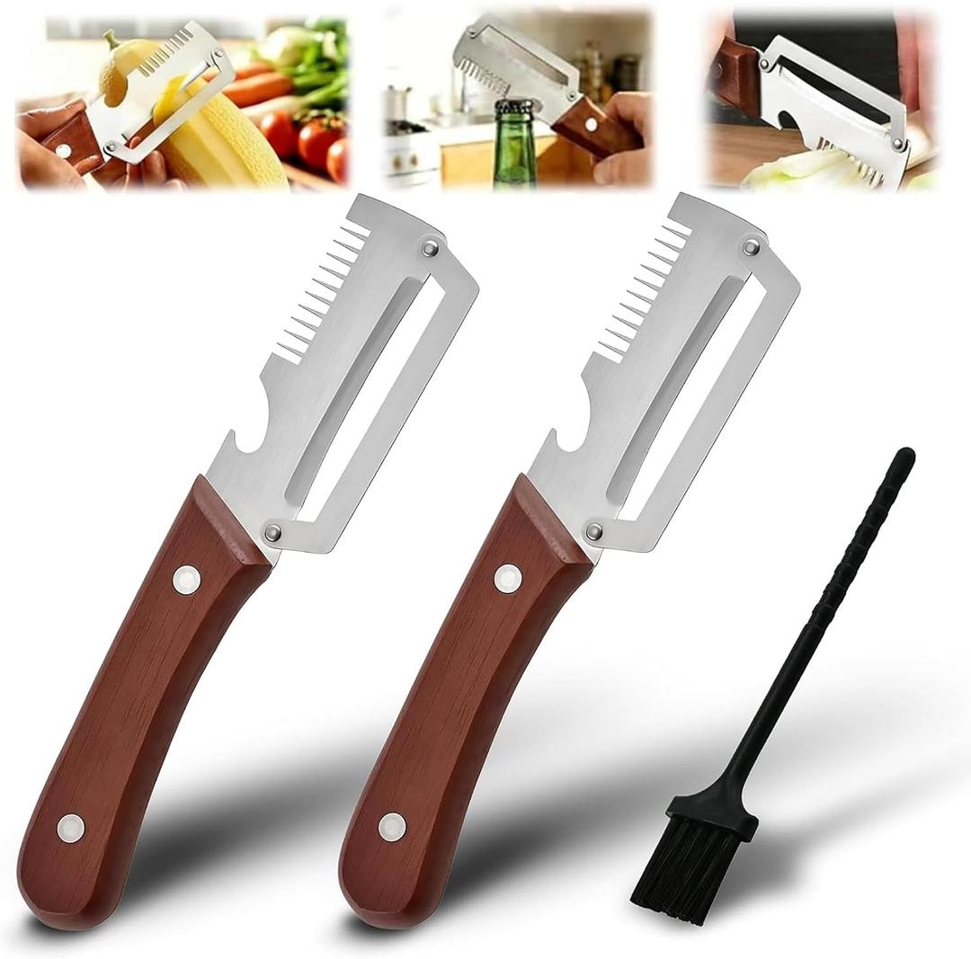 4 x 2 Pack MultiFunctional Vegetable Peeler with Cleaning Brush,3 in 1 Stainless Steel Blade with Wooden Handle and Bottle Opener,Peeler Knife for Fruit Pumpkin Peeling Potato Carrot Veggie Peeler