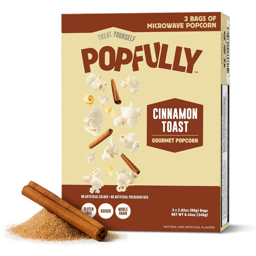 POPFULLY Cinnamon Toast Microwave Popcorn, Fully Pops - Sweet & Crunchy, Ideal for Movie Time Snacking - 3-Pack (EXP 12/25/26)