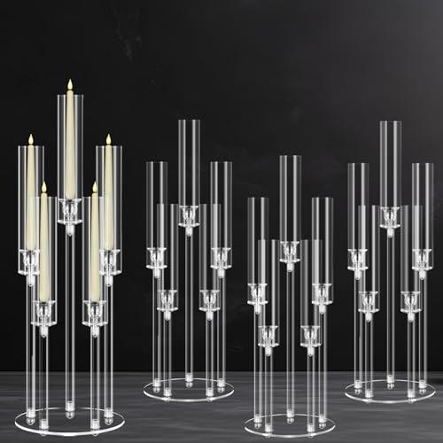4 Sets 5 Arms Acrylic Candelabra Centerpieces for Tables,Clear Candle Holder for Wedding,Ceremony Dinner Party, 27" Tall Candlestick Holders with Lampshade,Fit LED Candle