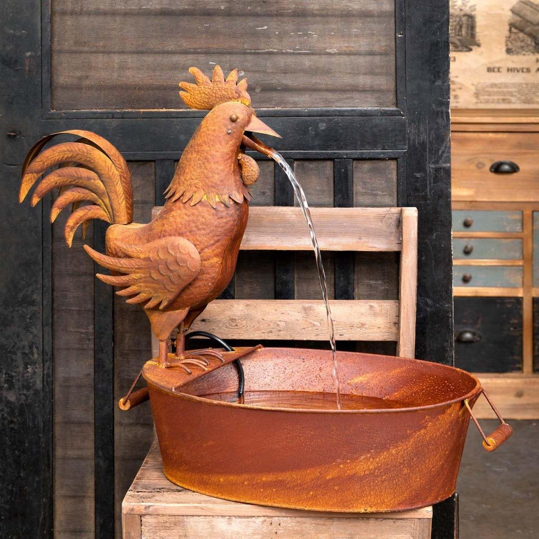 Park Hill EAG82176 Folk Art Metal Rooster Fountain -Rustic Indoor and Outdoor Complete Tabletop Fountain w/Pump & Tubing 27 in. x 15 in. x 25 in.