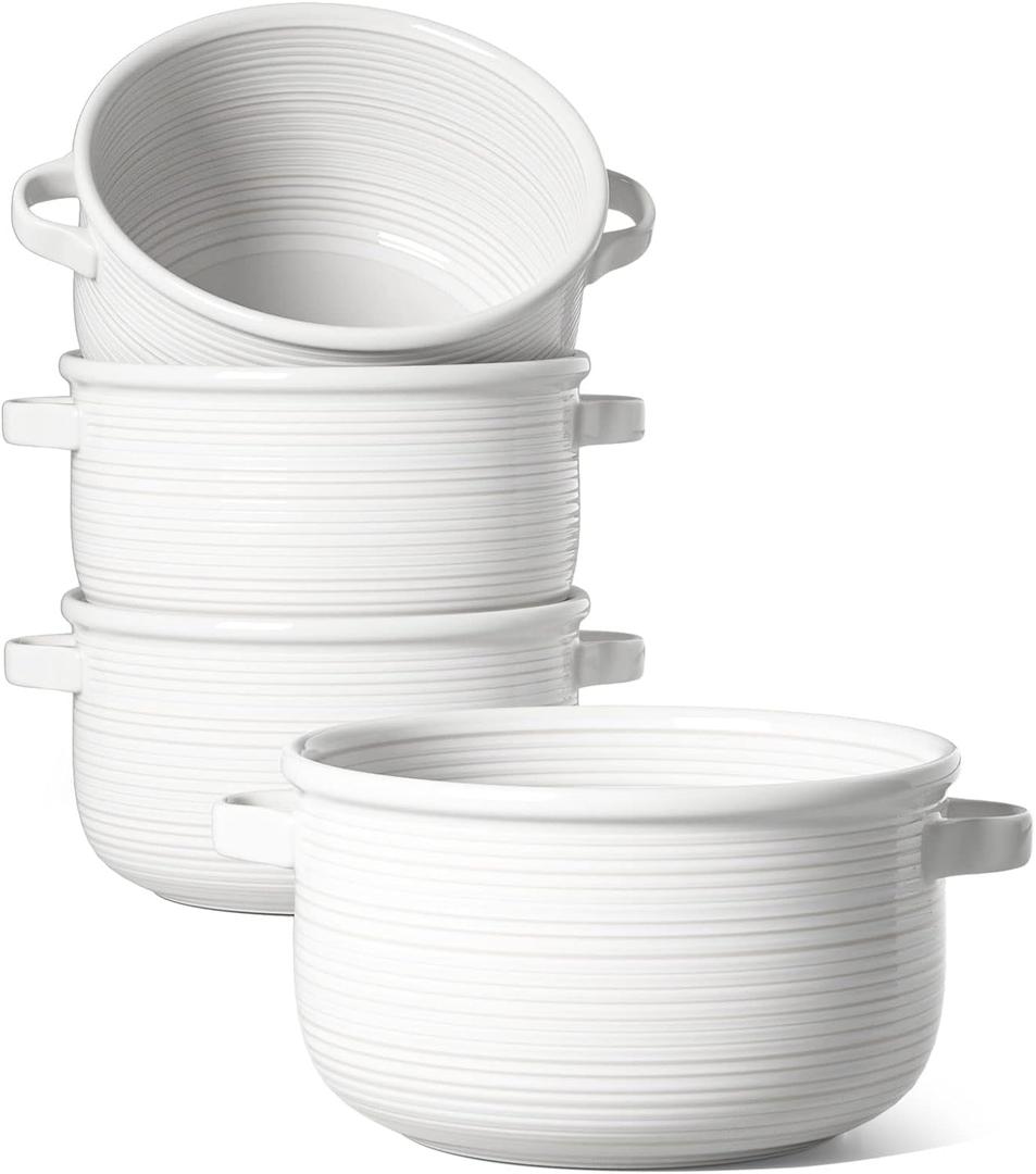 LE TAUCI Soup Bowls with Handles - 28 oz Lead-Free Ceramic French Onion Crocks, Oven and Microwave Safe, Heat-Resistant Design, Stackable, Dishwasher Safe, Set of 4, White