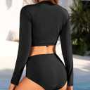 Pinup Fashion Long Sleeve Rash Guard - 2 Piece Swimsuit Bathing Suits with Bottom Swim Top UV UPF 50+ (Black)