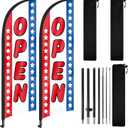Open Feather Flag with Pole and Ground Stake 8Ft, Open Sign Swooper Flag Advertisng Feather Banner for Outside Businesses, 2Pack