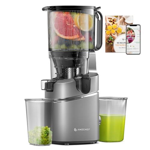 AMZCHEF Juicer Machines, 5.8" Extra Self-Feeding Cold Press Juicer for Whole Vegetable & Fruit, Juice Extractor Machine with Large Auger & Triple Strainers, Easy to Clean, High Juice Yield, Grey