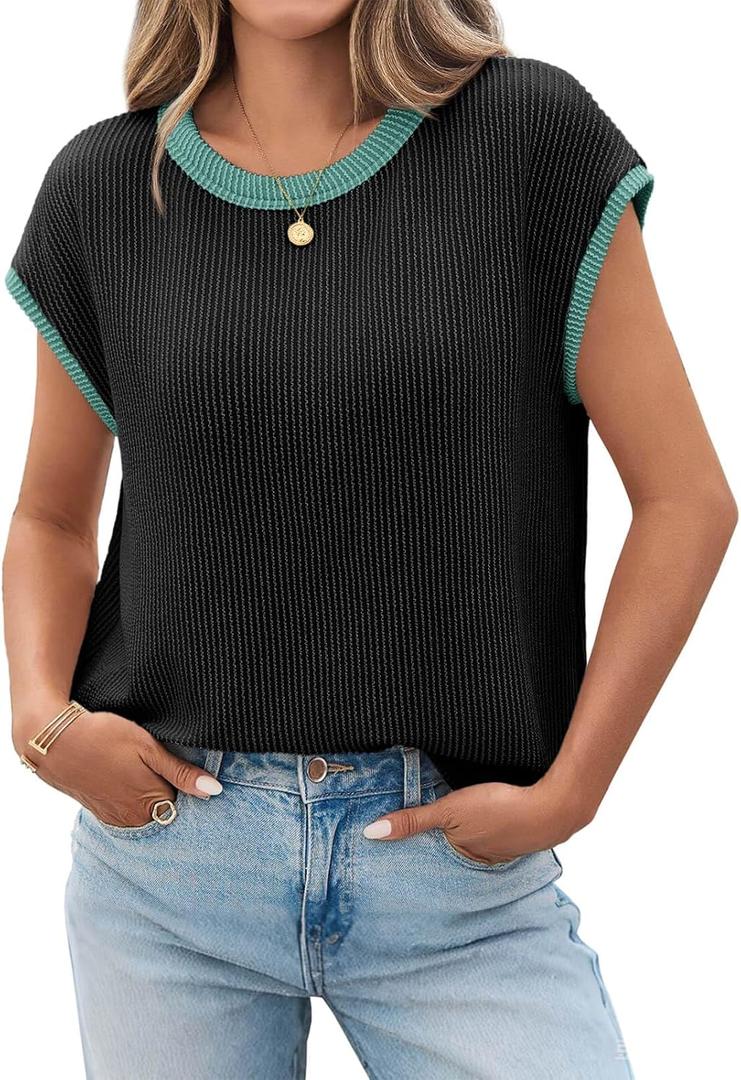 Tankaneo Womens Summer Color Block T-Shirts Cap Sleeve Textured Ribbed Knit Tees Casual Ringer Crew Neck Loose Fit Tops (Black) Larg